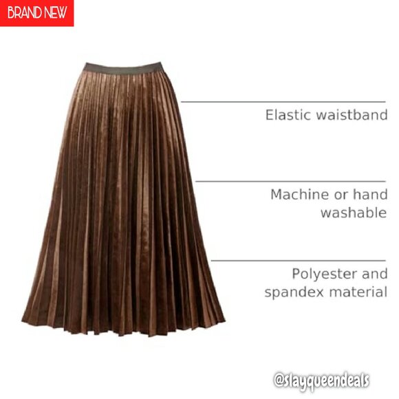 Pleated A-Line High Waist Swing Flare Midi Skirt Wrinkle Resistant Polyester - Picture 5 of 7